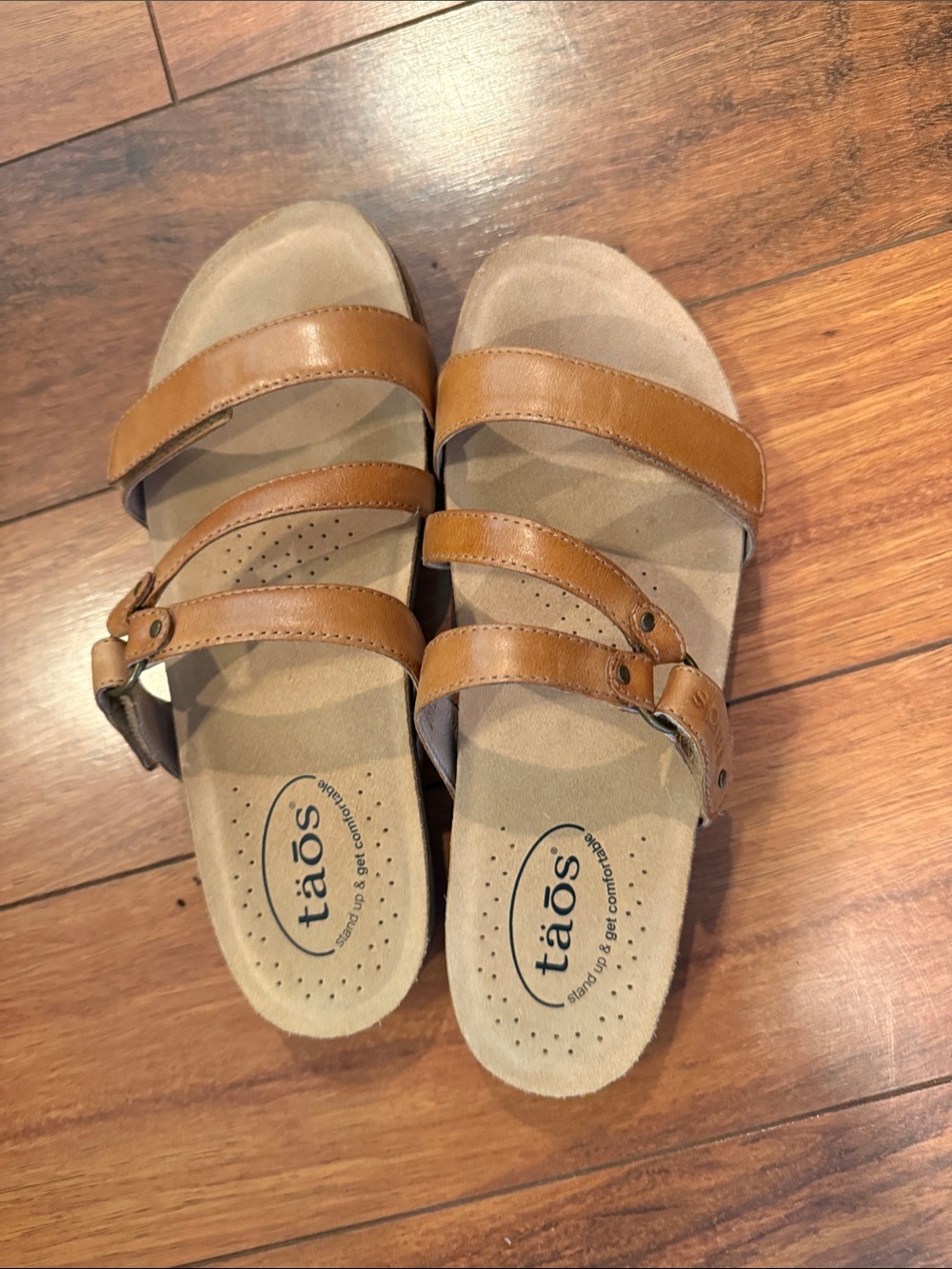 Taos Ringslide Footwear in Caramel. Triple-Strap Leather Slide Sandals